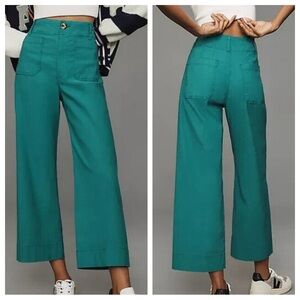 NWT Anthropologie Maeve Colette Cropped Wide Leg Pants Emerald Green sz 25P